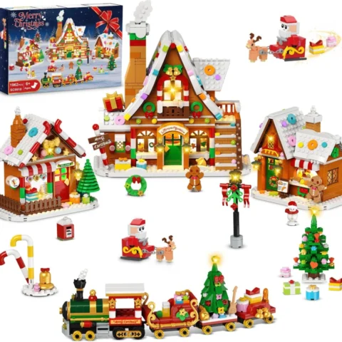 Gingerbread Christmas village brick set, 1,962 pieces, 3 lit houses