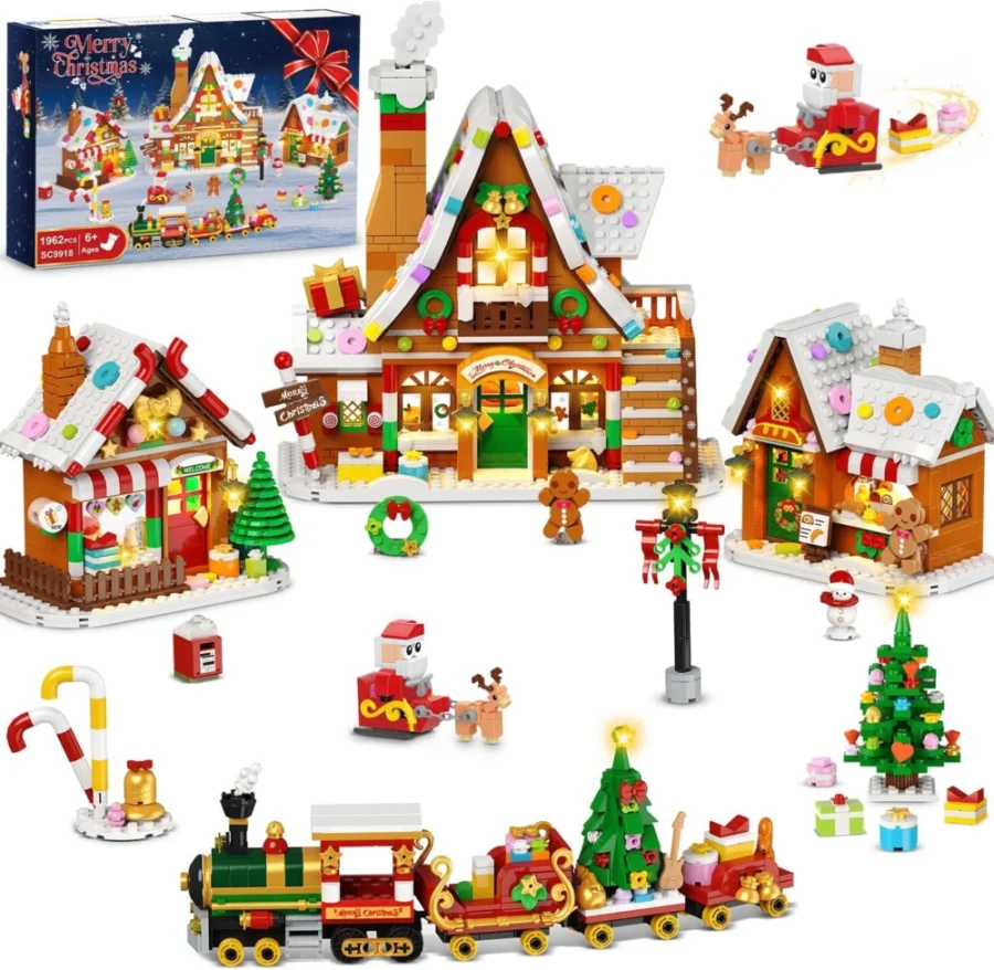 Gingerbread Christmas village brick set, 1,962 pieces, 3 lit houses