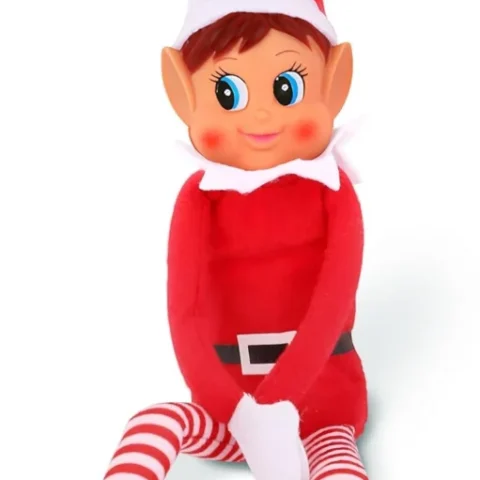 Girl elf with hat, red plush body and long legs, vinyl face, 30 cm