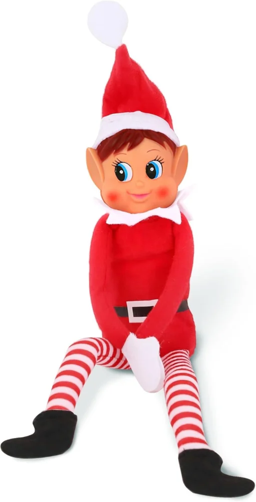 Girl elf with hat, red plush body and long legs, vinyl face, 30 cm