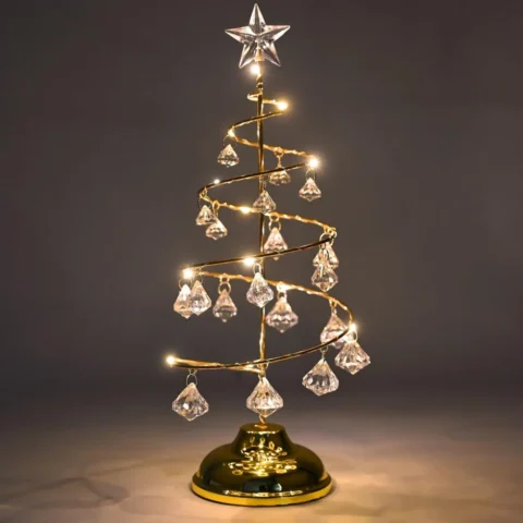 Gold 13 inch tabletop Christmas tree with LEDs and crystal pendants