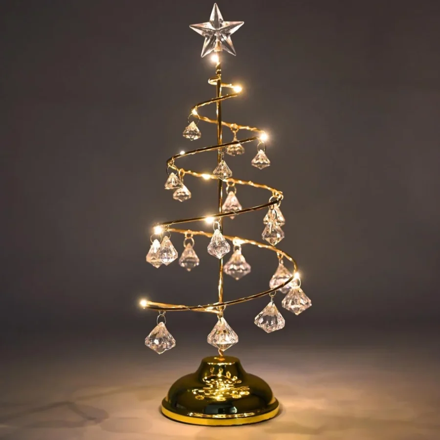 Gold 13 inch tabletop Christmas tree with LEDs and crystal pendants