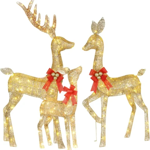 Gold 3D reindeer family of three, 210 LEDs, plug and ground stakes