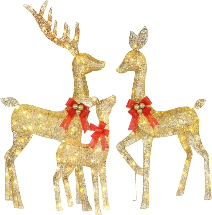 Gold 3D reindeer family of three, 210 LEDs, plug and ground stakes