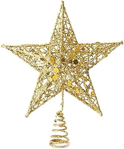 Gold glittered wire star tree topper, hollow, 19.8 cm, spring frame