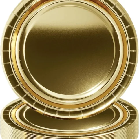 Gold glossy paper dessert plates, 18 cm round, pack of 16