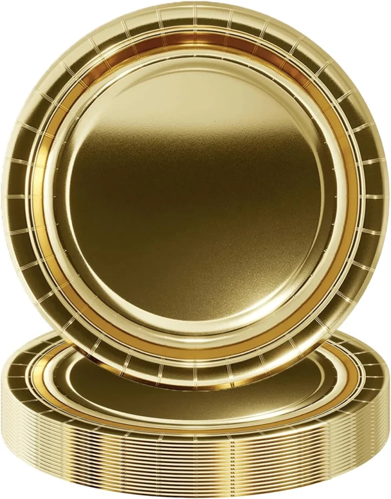 Gold glossy paper dessert plates, 18 cm round, pack of 16