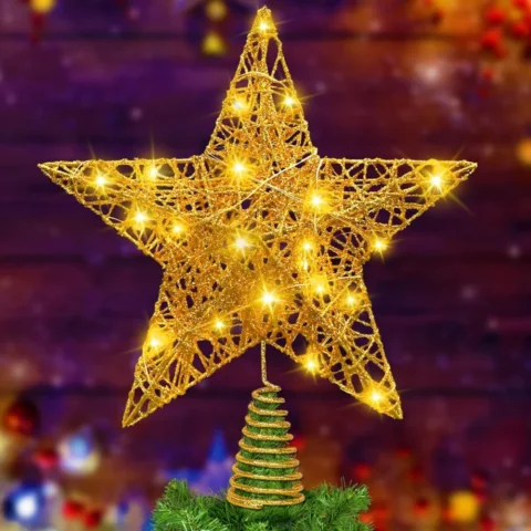 Gold lighted star tree topper, 20 LEDs, hollow frame, 29 cm