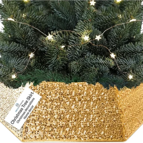Gold sequin hexagon tree collar, 68 cm top, 85 cm base, 25 cm high