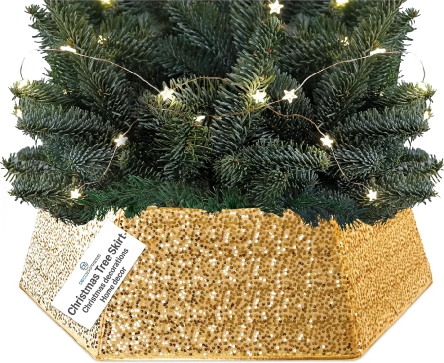 Gold sequin hexagon tree collar, 68 cm top, 85 cm base, 25 cm high