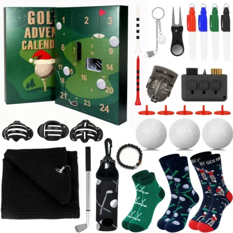Golf advent calendar with ball markers, balls, tees and socks