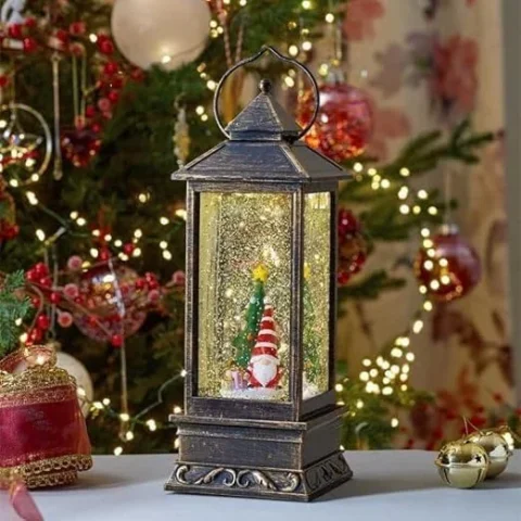 Gonk snow globe lantern with swirling snow and timer, 29 cm