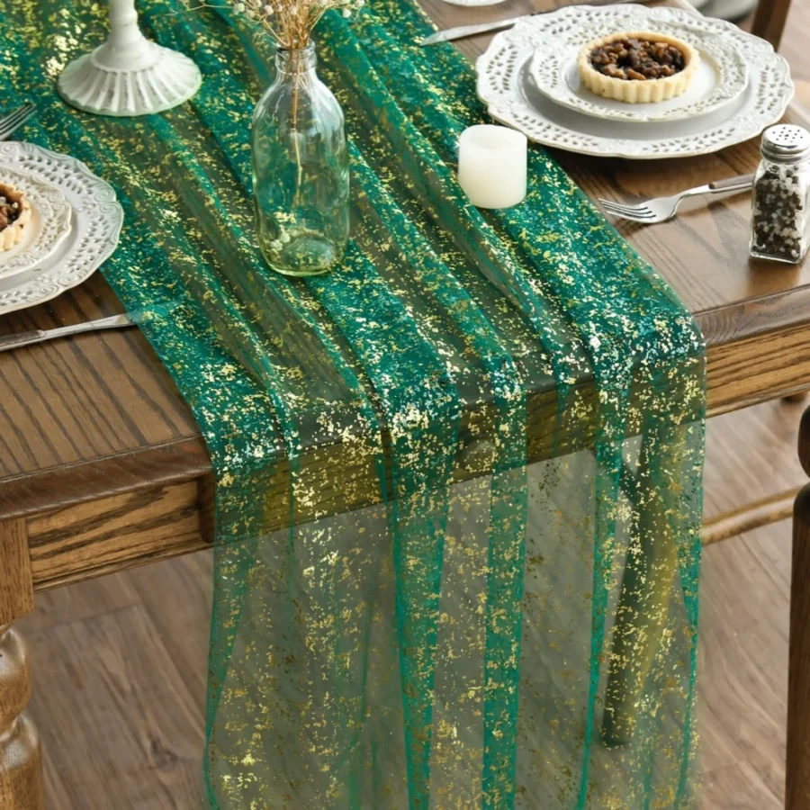 Green and gold gauze Christmas table runner, 70 x 300 cm, sheer