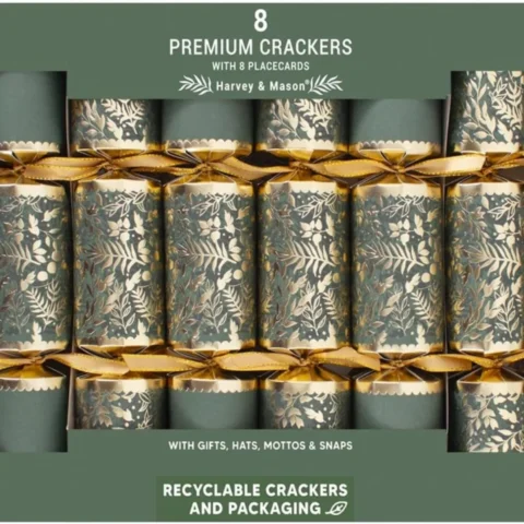 Green and gold woodland print Christmas crackers, pack of 8