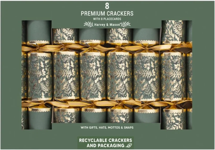 Green and gold woodland print Christmas crackers, pack of 8
