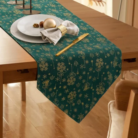 Green burlap Christmas table runner with tassels, 30 x 180 cm