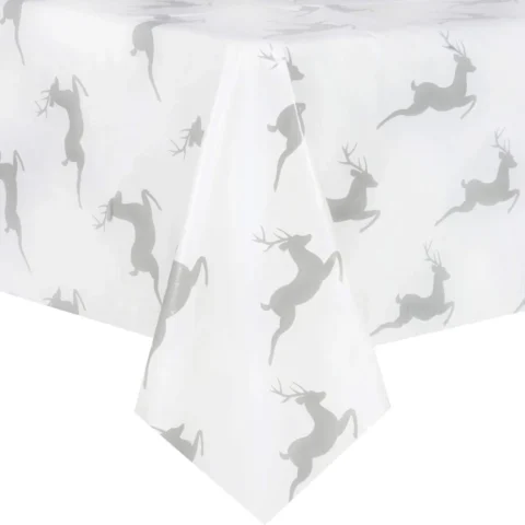 Grey and white reindeer PVC tablecloth, 140 x 240 cm, wipe clean