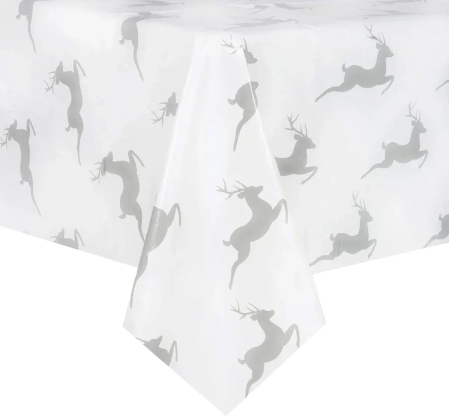 Grey and white reindeer PVC tablecloth, 140 x 240 cm, wipe clean