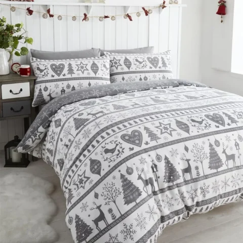 Grey king size duvet cover set with Christmas trees, 3 pieces