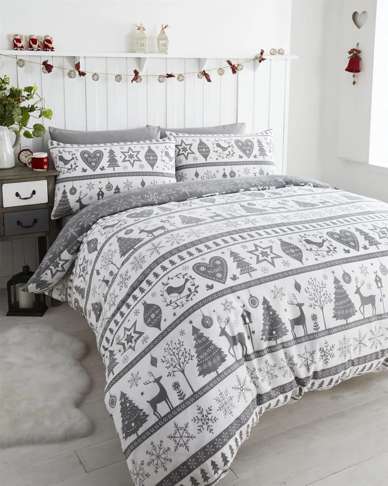 Grey king size duvet cover set with Christmas trees, 3 pieces