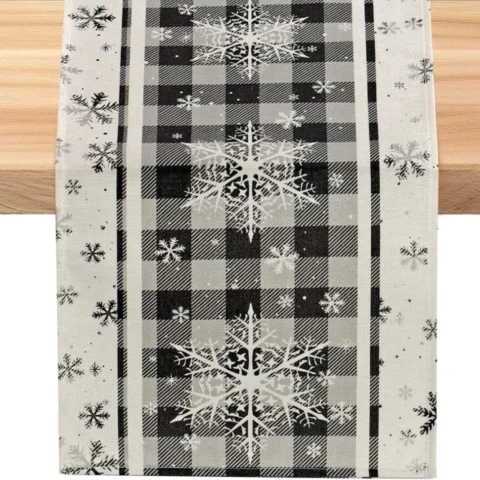 Grey plaid snowflake Christmas table runner, 33 x 230 cm