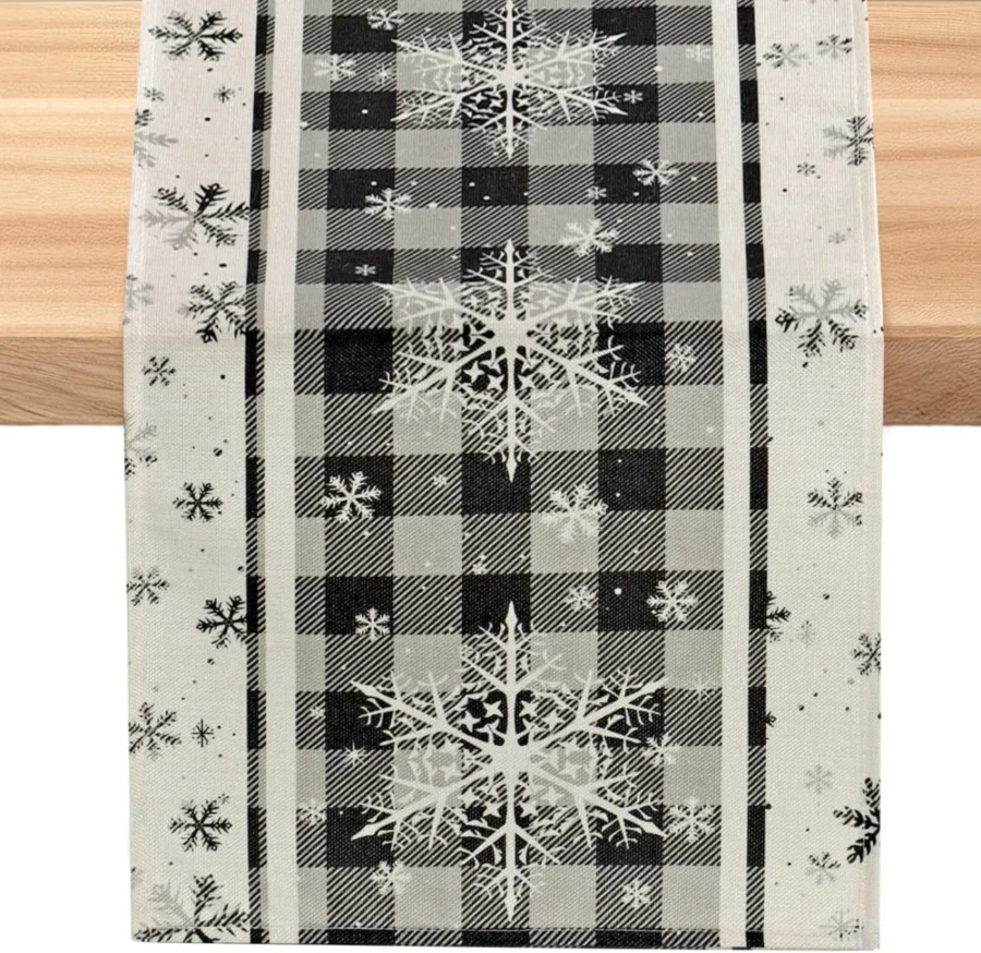 Grey plaid snowflake Christmas table runner, 33 x 230 cm