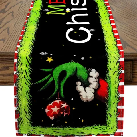Grinch Christmas table runner with buffalo plaid edge, 33 x 173 cm