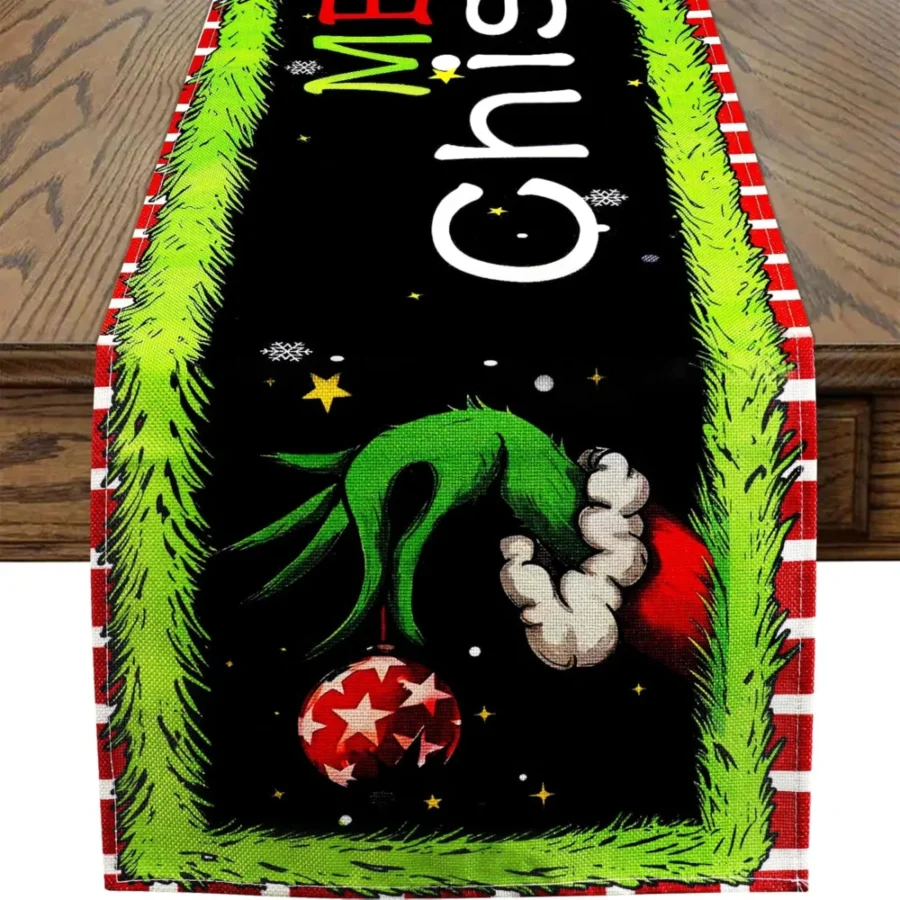 Grinch Christmas table runner with buffalo plaid edge, 33 x 173 cm