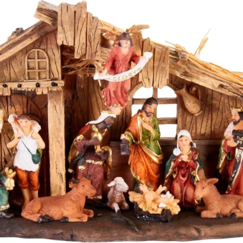Hand-painted resin nativity scene with 11 figures, 32 cm wide
