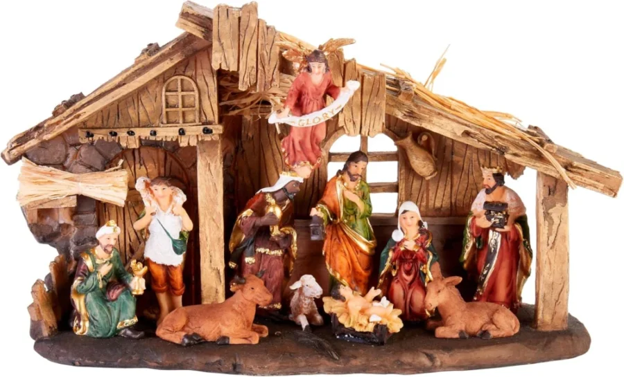 Hand-painted resin nativity scene with 11 figures, 32 cm wide