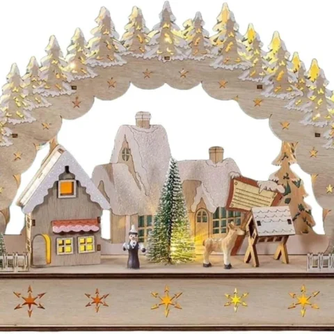 Handcrafted wooden Christmas village scene with 13 warm white LEDs