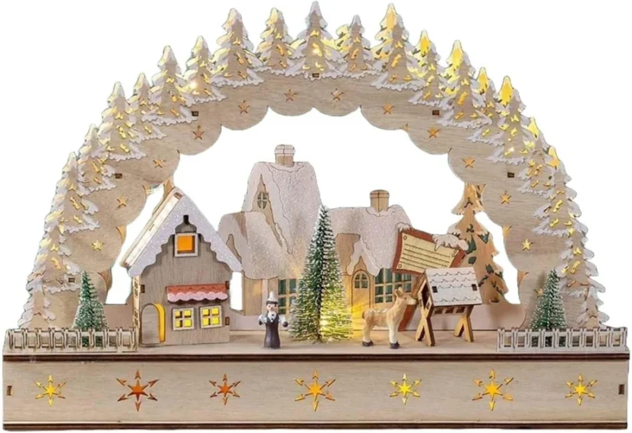 Handcrafted wooden Christmas village scene with 13 warm white LEDs