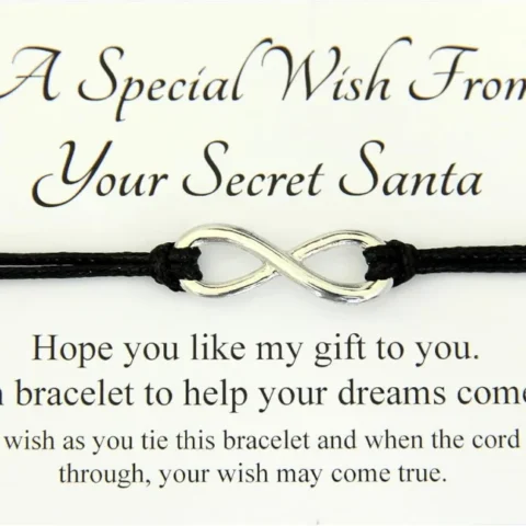 Handmade infinity charm wish bracelet on waxed cord, organza bag