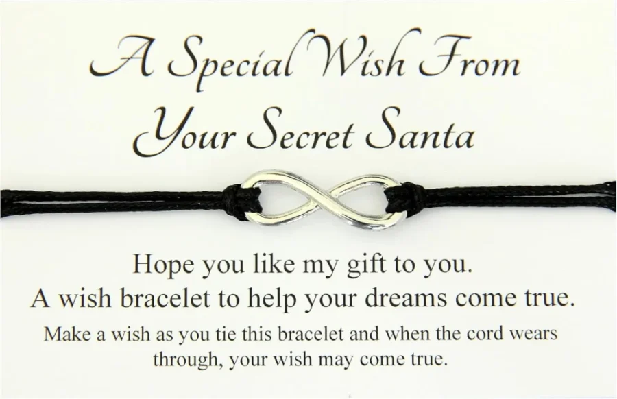 Handmade infinity charm wish bracelet on waxed cord, organza bag