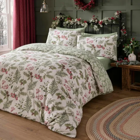 Holly and red berry double duvet cover set, 100% brushed cotton