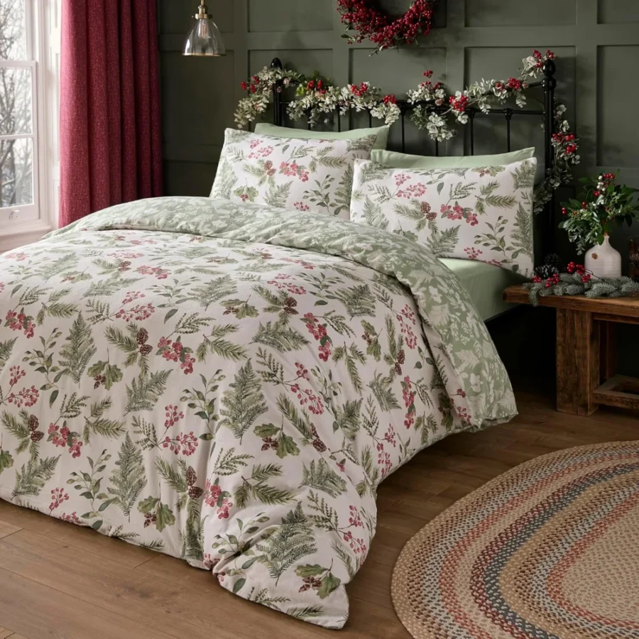 Holly and red berry double duvet cover set, 100% brushed cotton