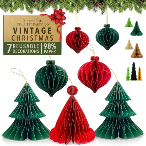 Honeycomb paper Christmas decorations, 7 pieces with magnets