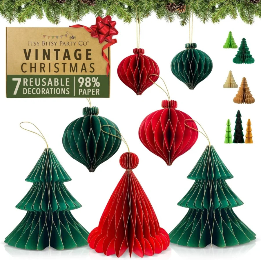 Honeycomb paper Christmas decorations, 7 pieces with magnets