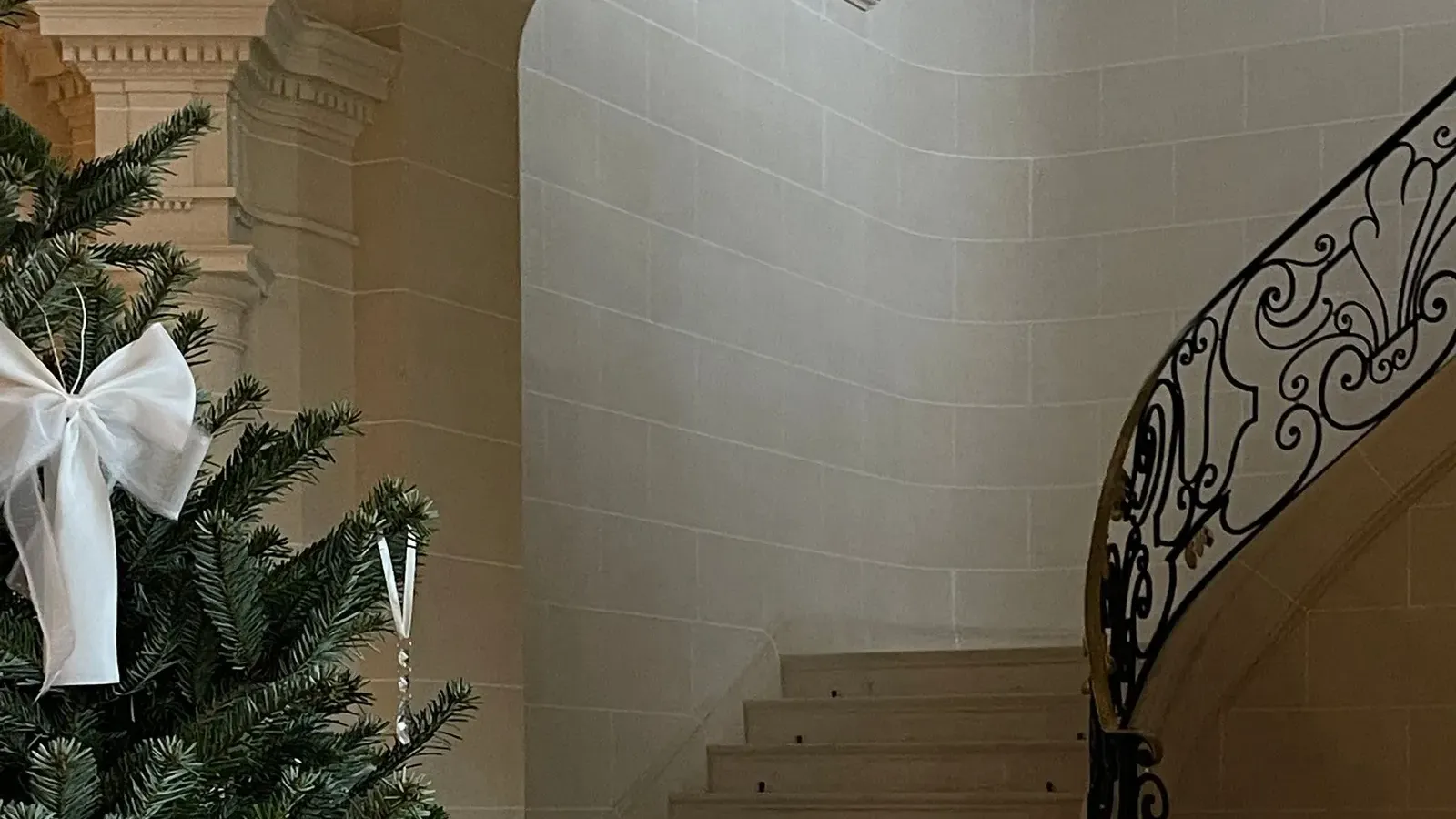 Fir tree hung with white ribbon bows beside a sweeping stone staircase with wrought iron banister