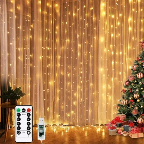Icicle curtain fairy lights, 3 x 3 m, 300 LEDs, USB, remote, 10 hooks