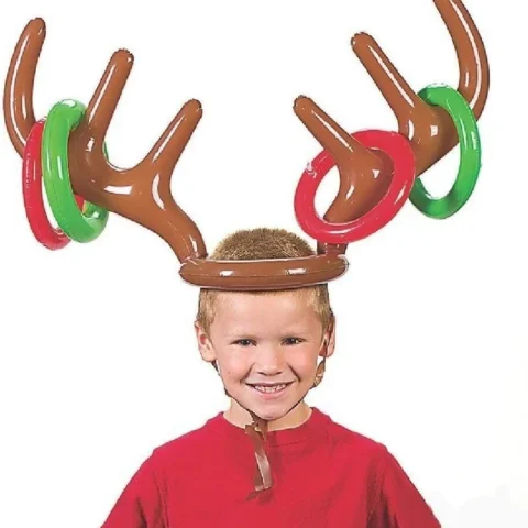 Inflatable reindeer antler hat toss game with 4 rings