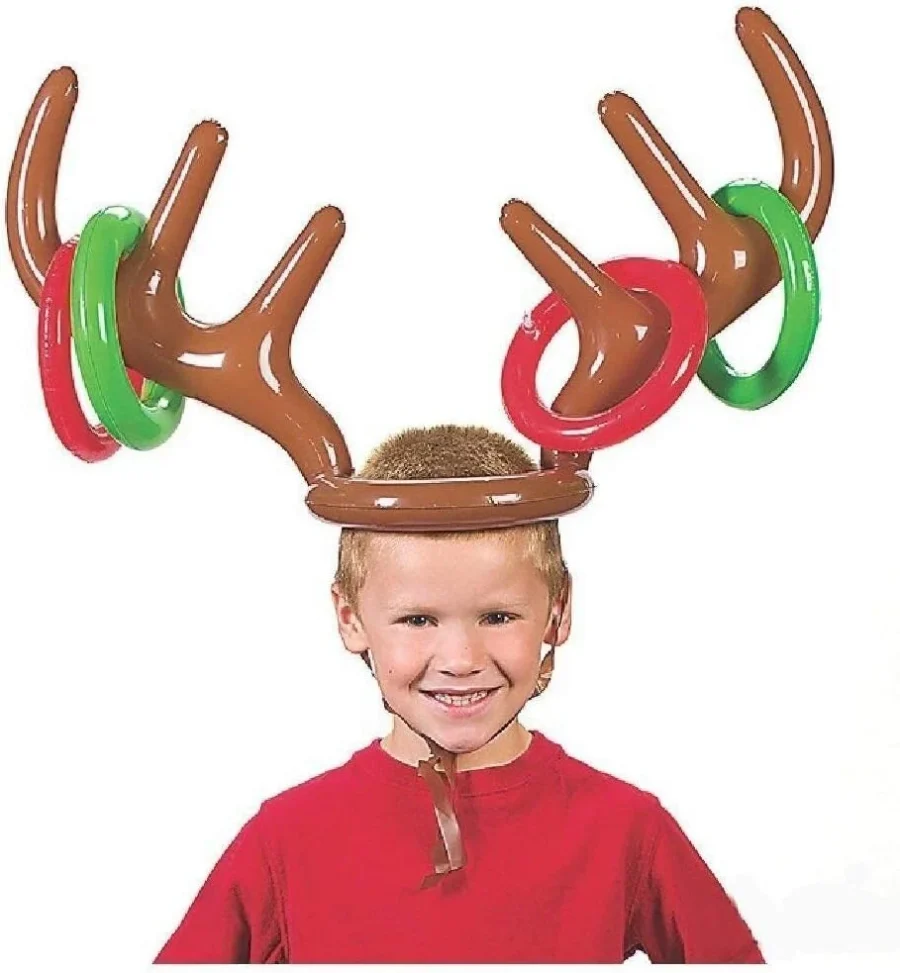 Inflatable reindeer antler hat toss game with 4 rings