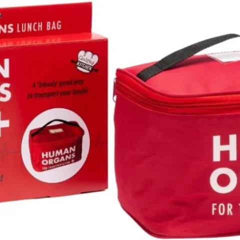 Insulated red lunch bag with a human organs print and a zip