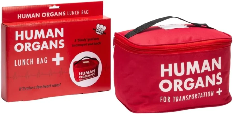 Insulated red lunch bag with a human organs print and a zip