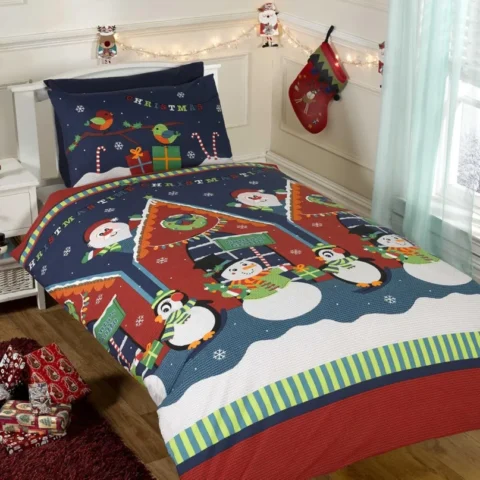 Kids single duvet set, Father Christmas, snowman and penguin print