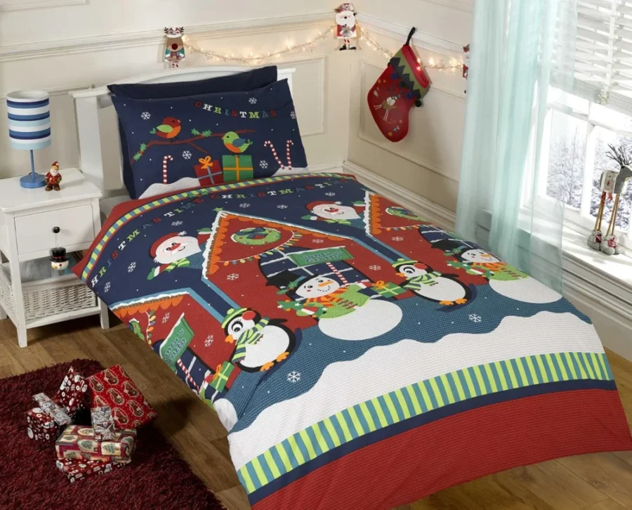 Kids single duvet set, Father Christmas, snowman and penguin print
