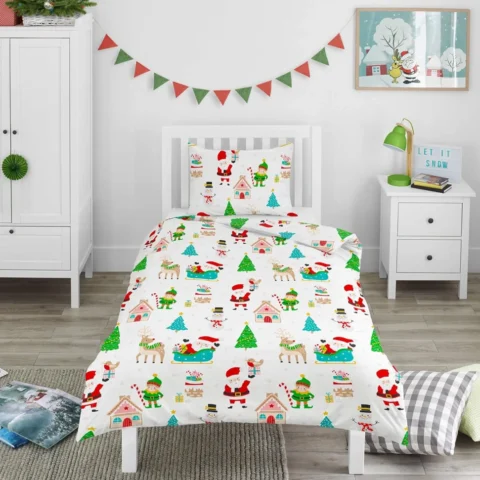 Kids white single duvet set with Santa and reindeer, 135 x 200 cm