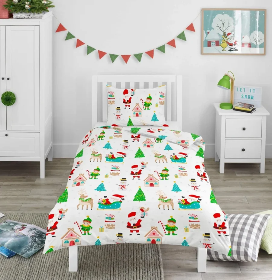 Kids white single duvet set with Santa and reindeer, 135 x 200 cm