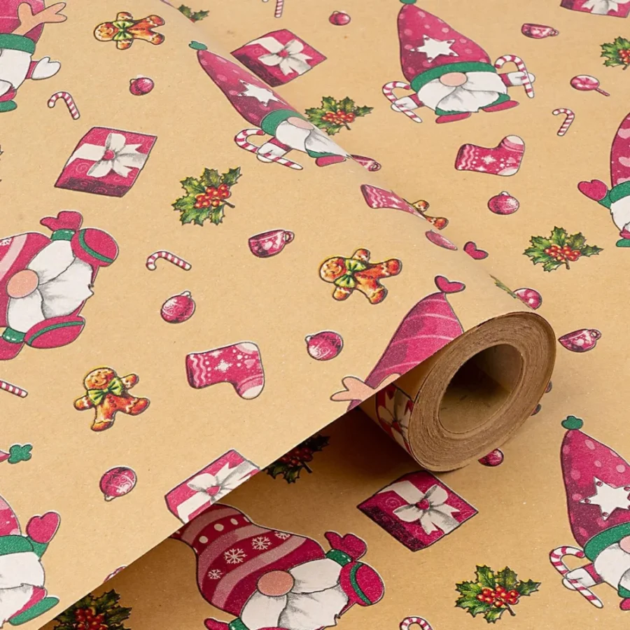 Kraft Christmas wrapping paper roll, cartoon patterns, 43 cm x 15 m