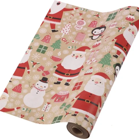 Kraft wrapping paper roll with white stars, trees and Santa, 15 m